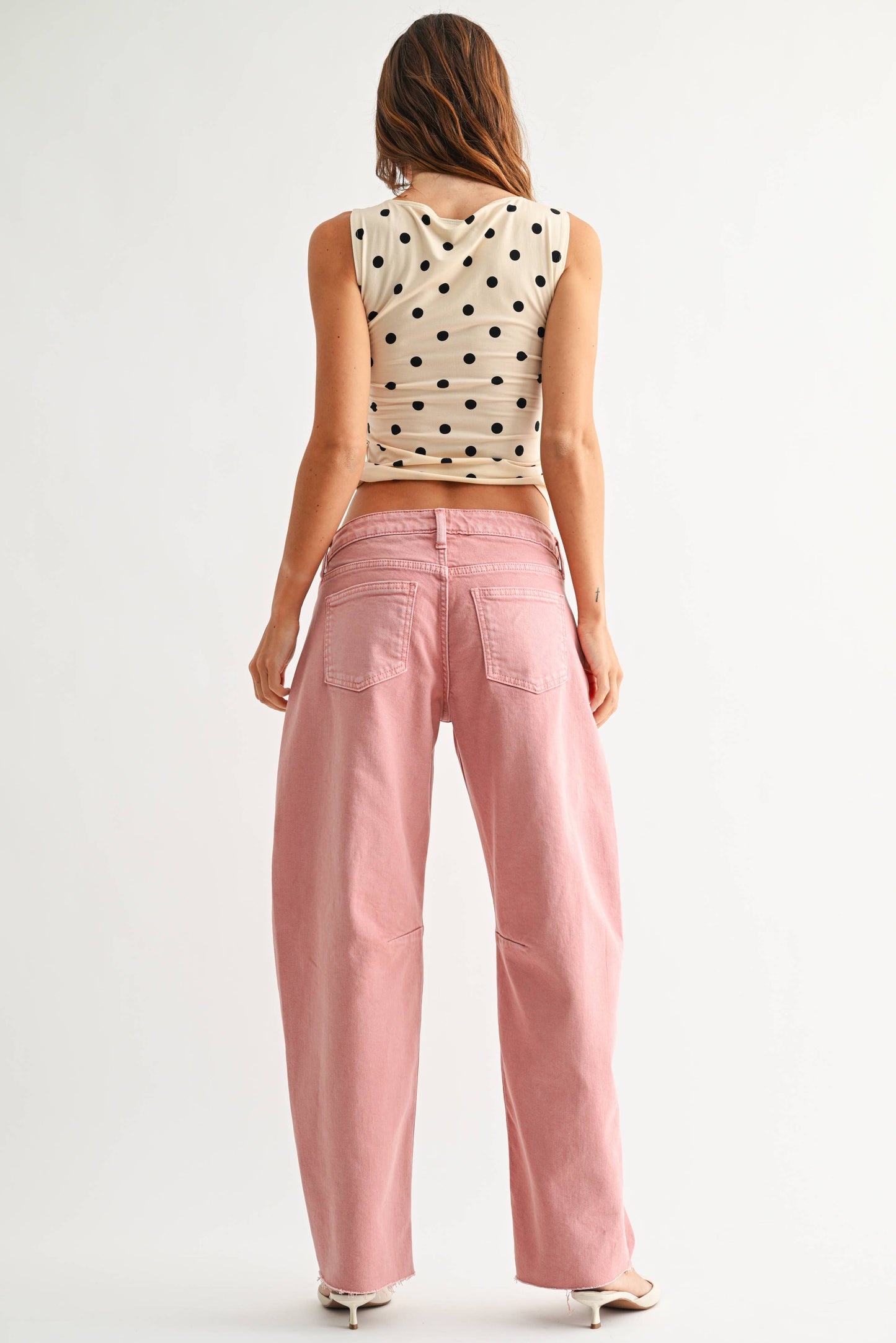 Pink Mid Rise Scissor Cut Barrel Jean