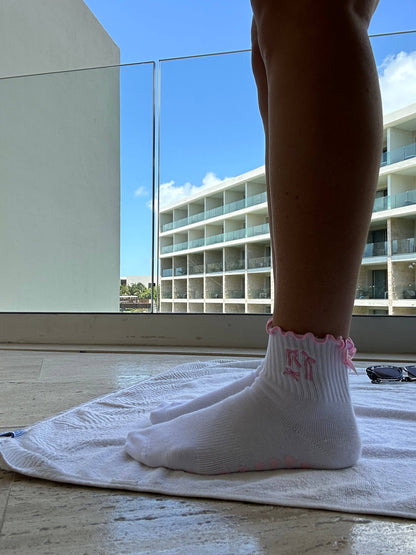 Pink bow coquette grip sock with heart grips