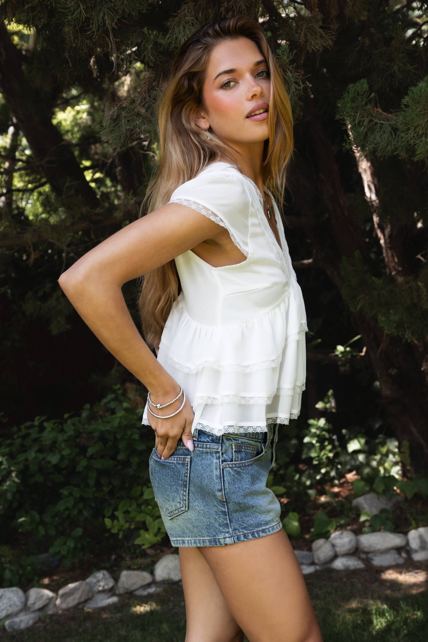 JULIETTE V Neck Tiered Ruffle Short Sleeve Blouse