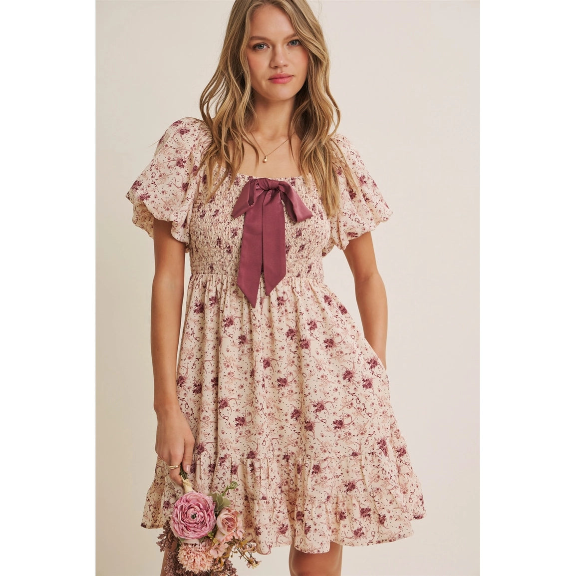 Autumn Garden Bow Smocked Mini Dress