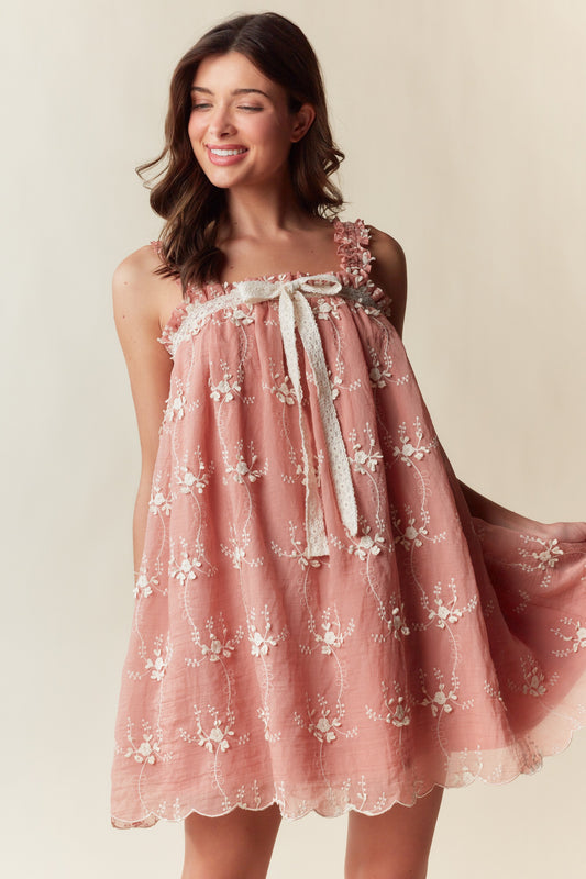Embroidered Lace Trim Babydoll Dress