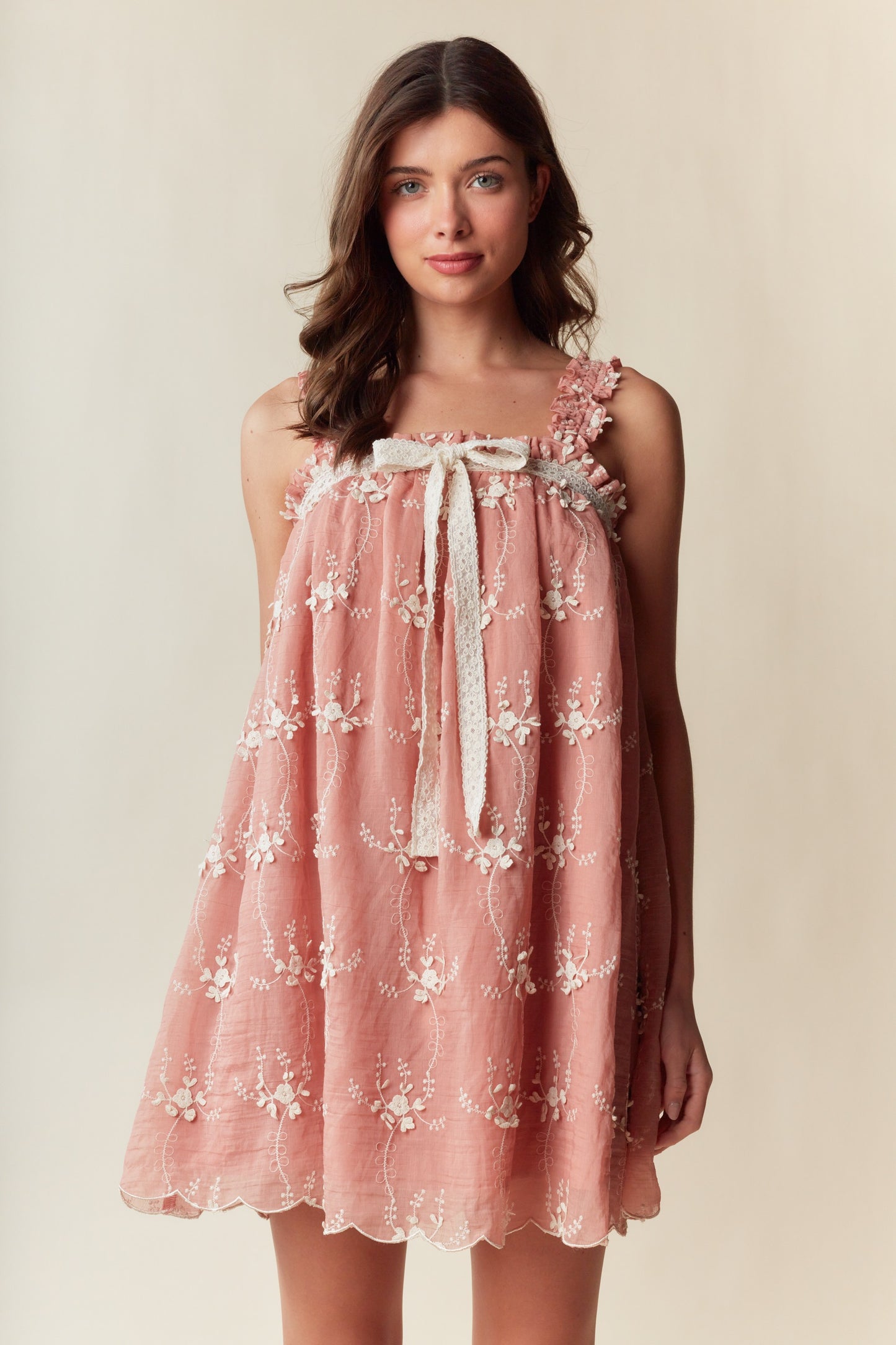 Embroidered Lace Trim Babydoll Dress