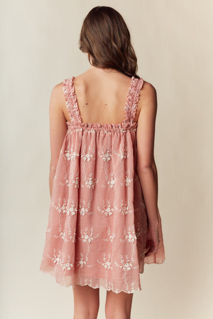 Embroidered Lace Trim Babydoll Dress