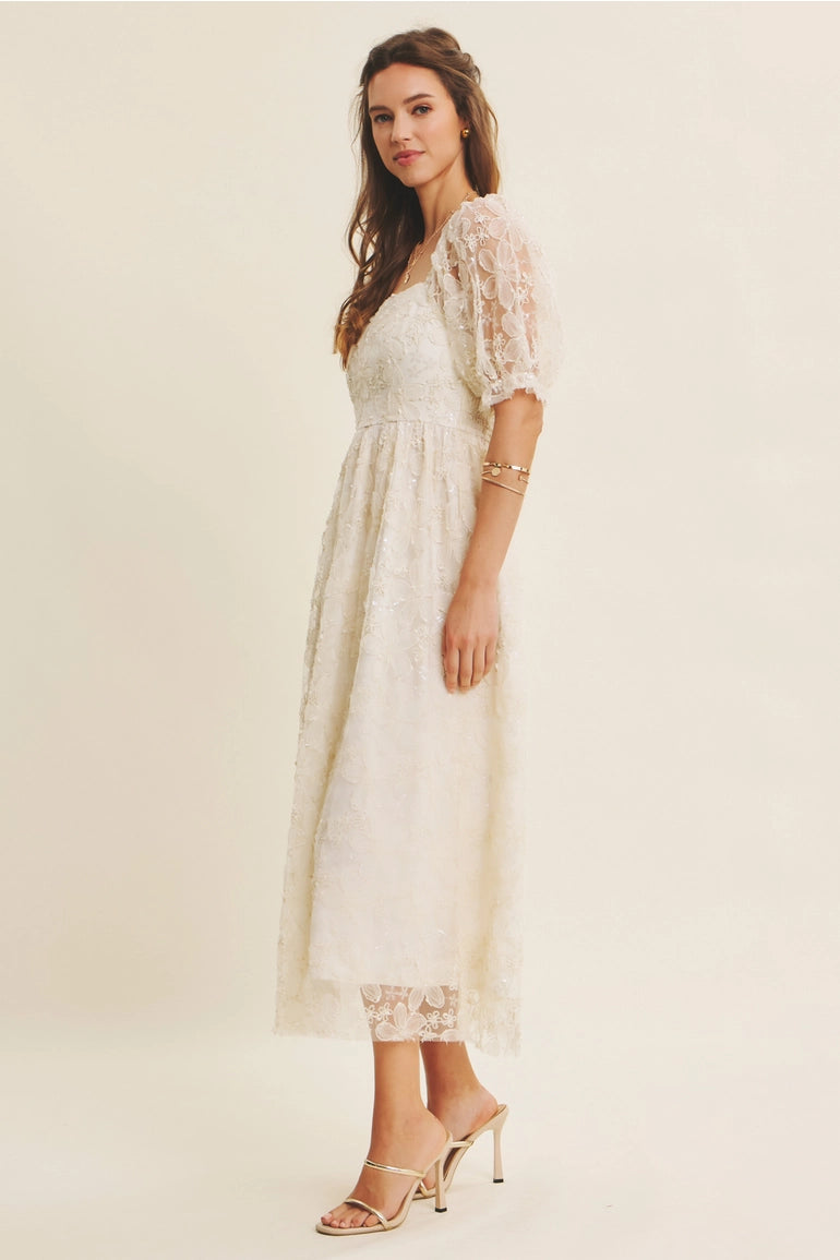 Ivory Floral Sequin Midi Dress
