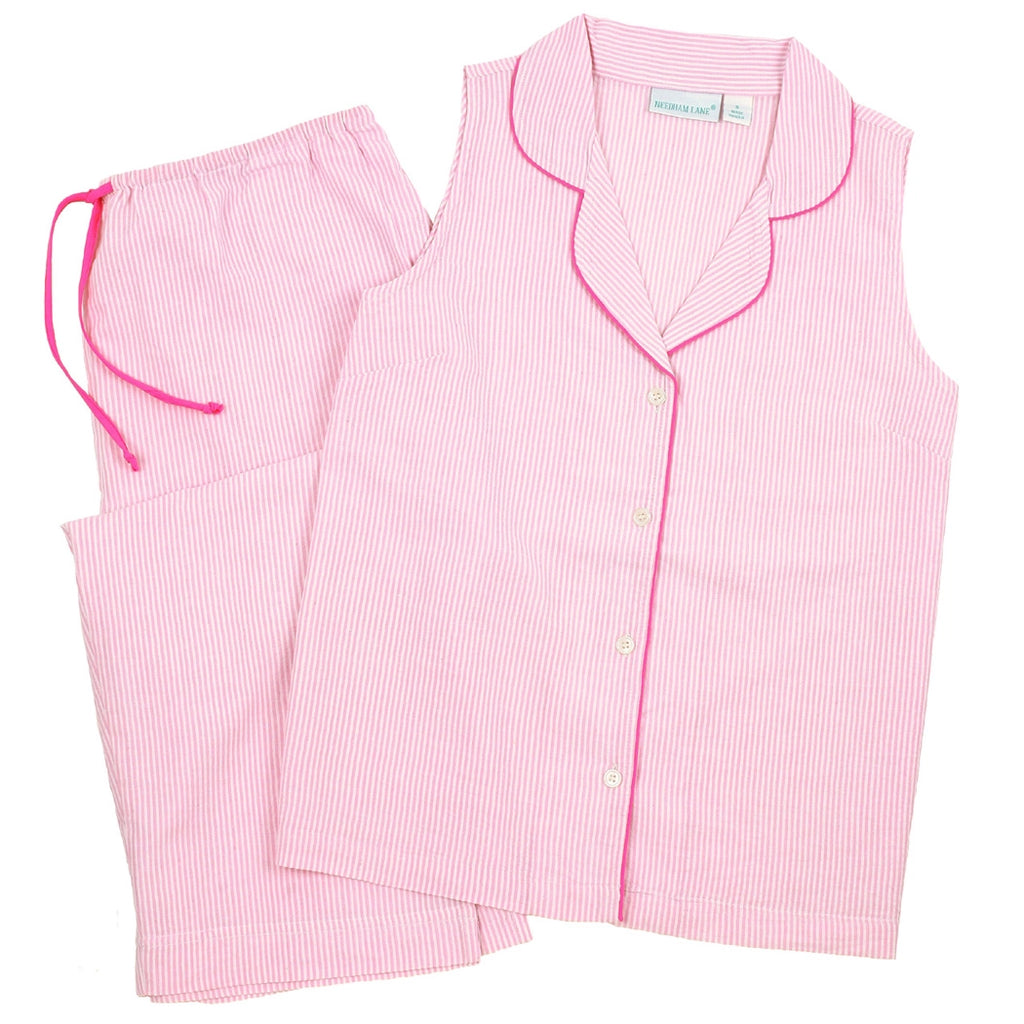 Pink Seersucker-Pink Sleeveless Capri Pajamas