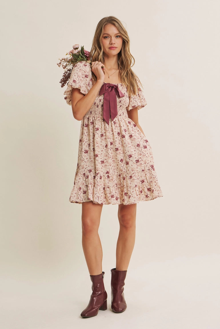 Autumn Garden Bow Smocked Mini Dress
