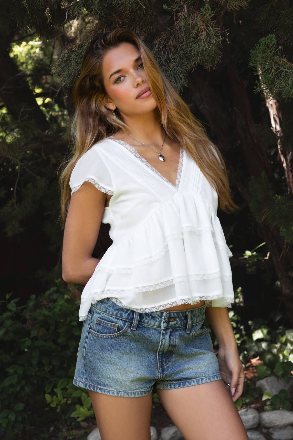 JULIETTE V Neck Tiered Ruffle Short Sleeve Blouse