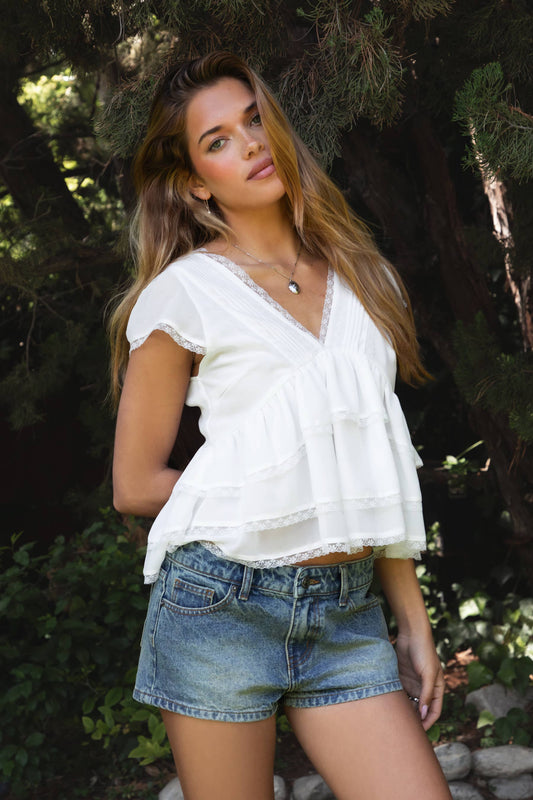 JULIETTE V Neck Tiered Ruffle Short Sleeve Blouse
