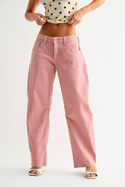 Pink Mid Rise Scissor Cut Barrel Jean