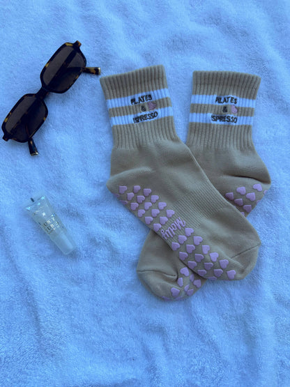 PILATES & ESPRESSO tan grip sock with pink heart grips