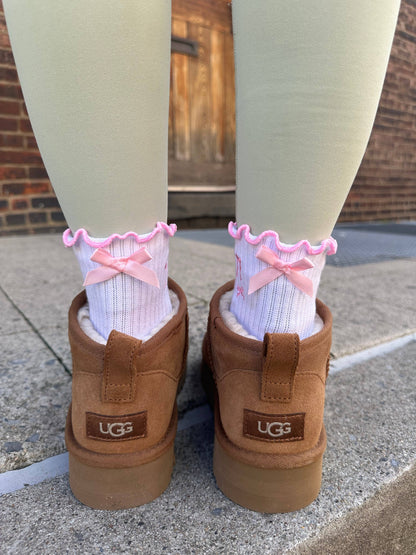 Pink bow coquette grip sock with heart grips