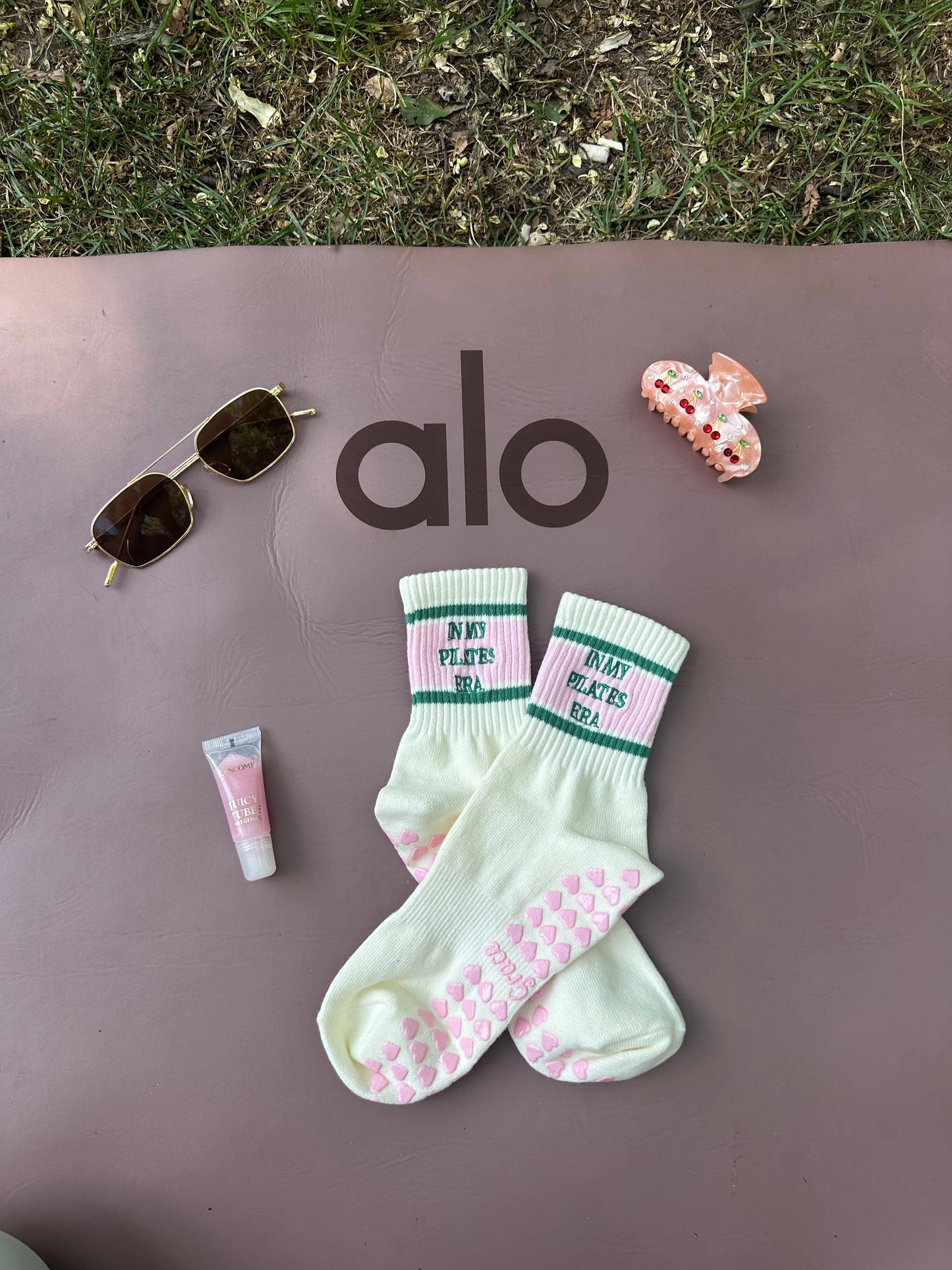 In my Pilates era retro pink & green grip sock