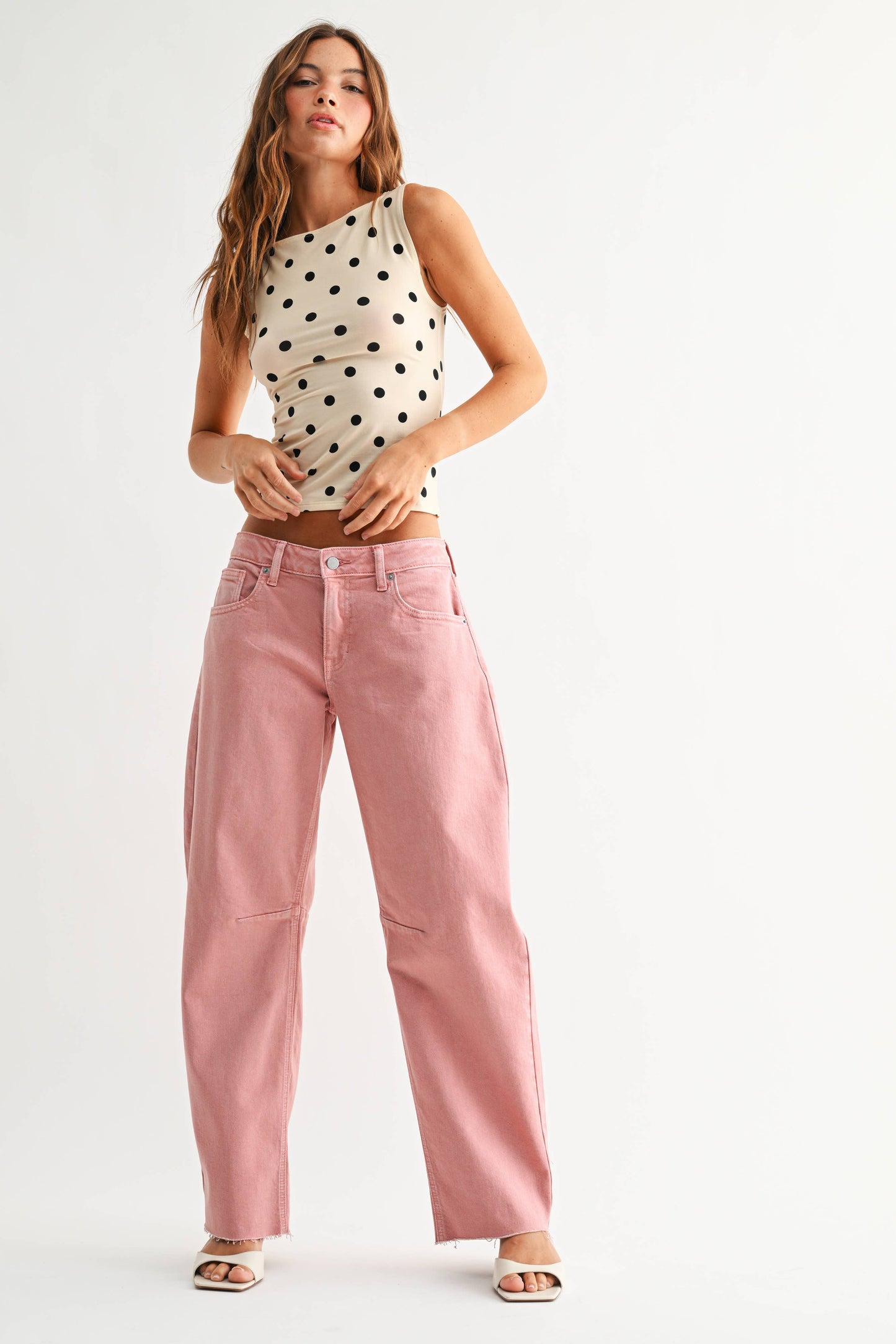 Pink Mid Rise Scissor Cut Barrel Jean