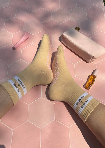 PILATES & ESPRESSO tan grip sock with pink heart grips