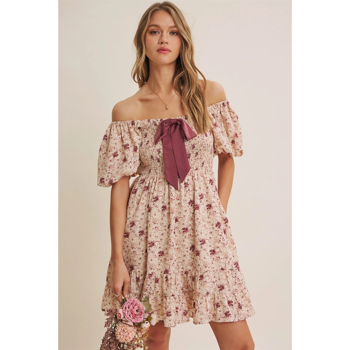 Autumn Garden Bow Smocked Mini Dress