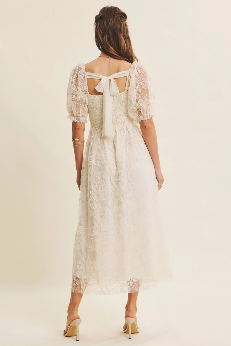 Ivory Floral Sequin Midi Dress