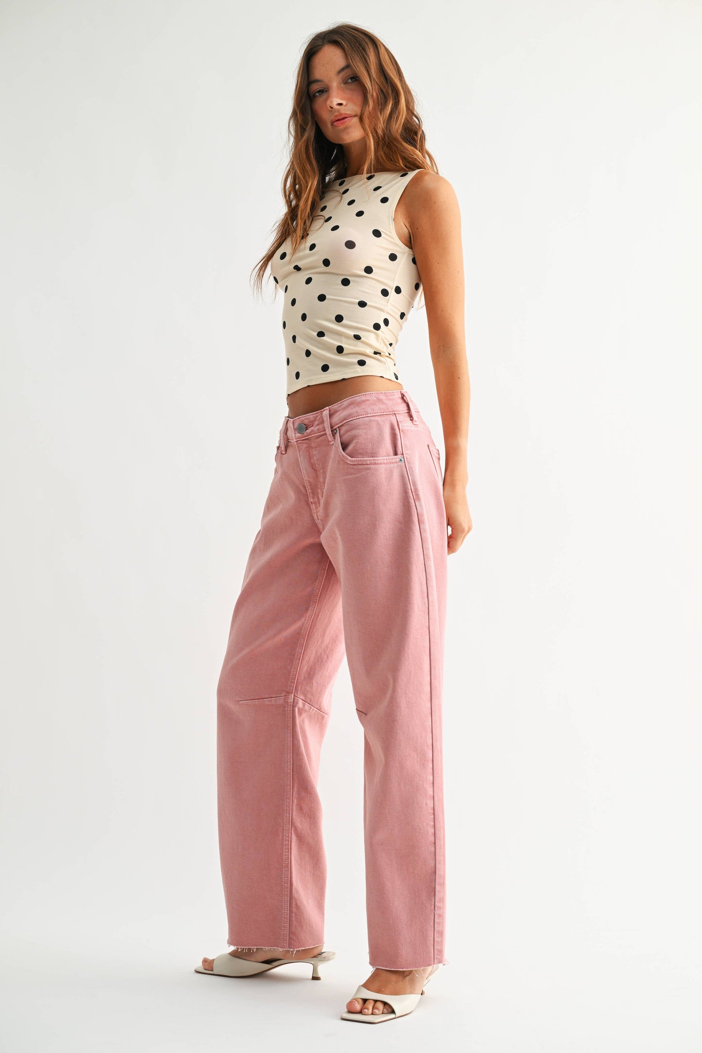 Pink Mid Rise Scissor Cut Barrel Jean