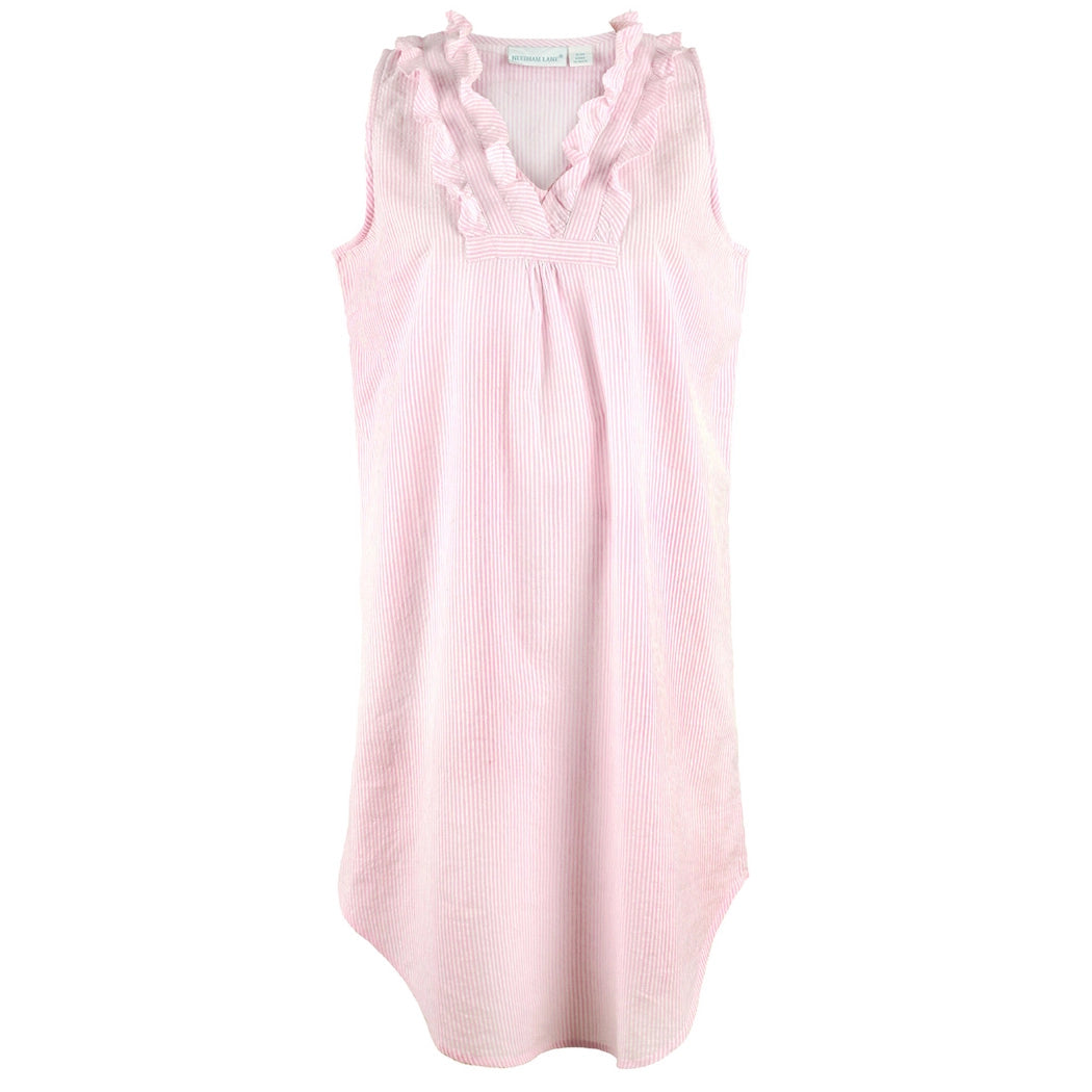 Pink Seersucker ~ Sleeveless Ruffled Nightgown