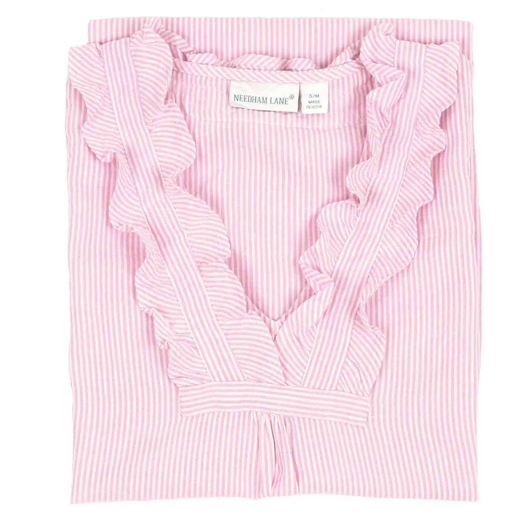 Pink Seersucker ~ Sleeveless Ruffled Nightgown