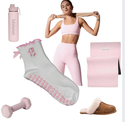 Pink bow coquette grip sock with heart grips