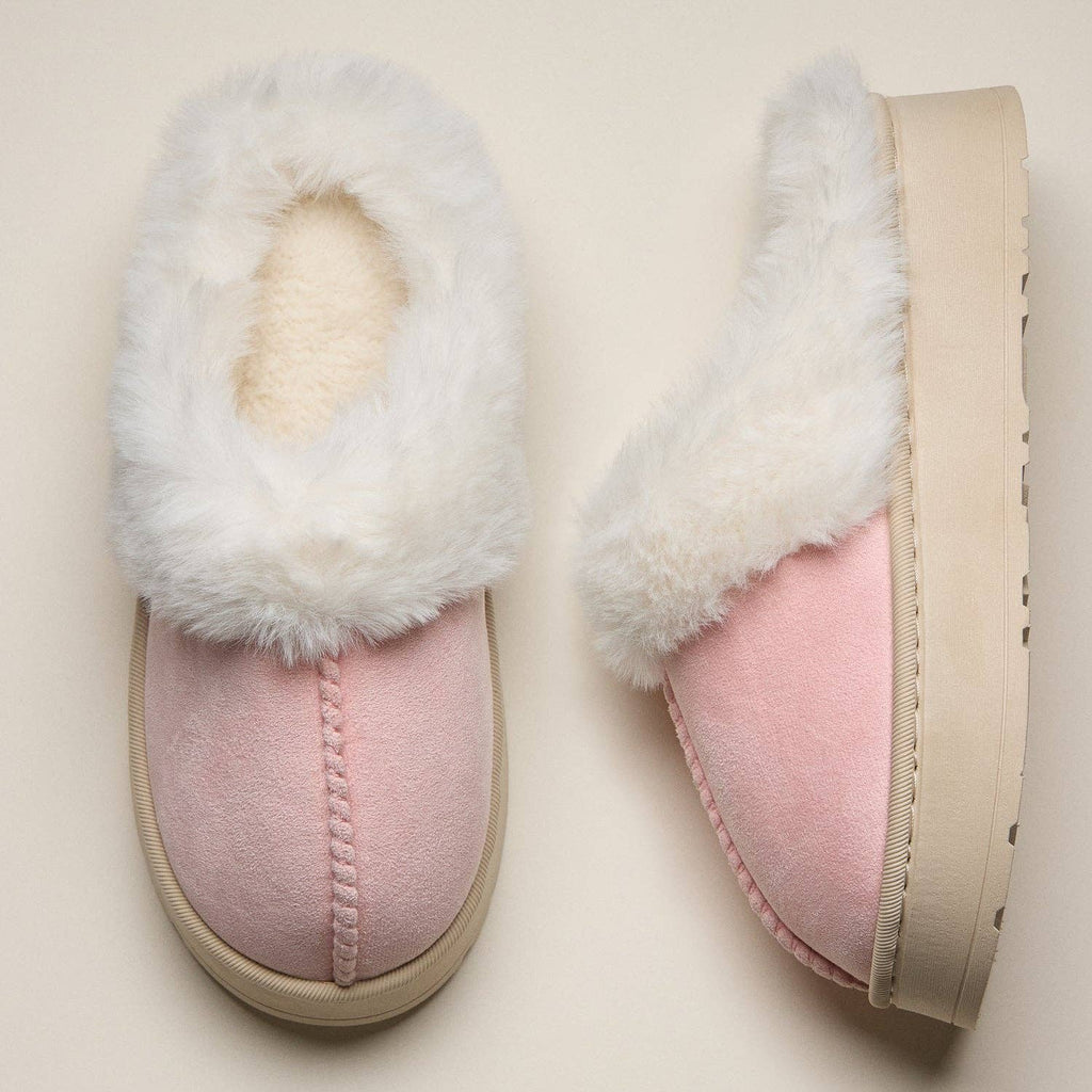 Pink Platform Sherpa Slippers with Suede Finish