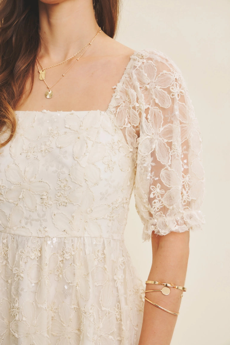Ivory Floral Sequin Midi Dress
