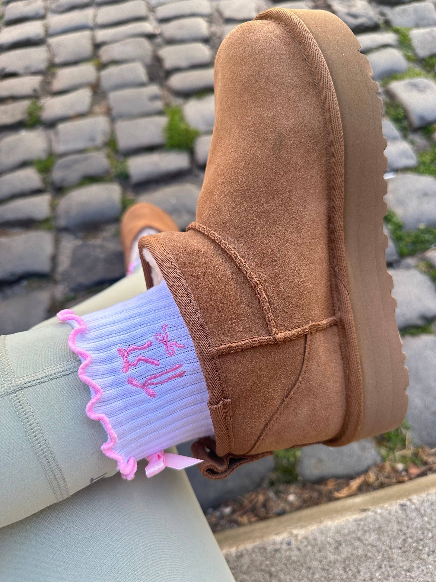 Pink bow coquette grip sock with heart grips